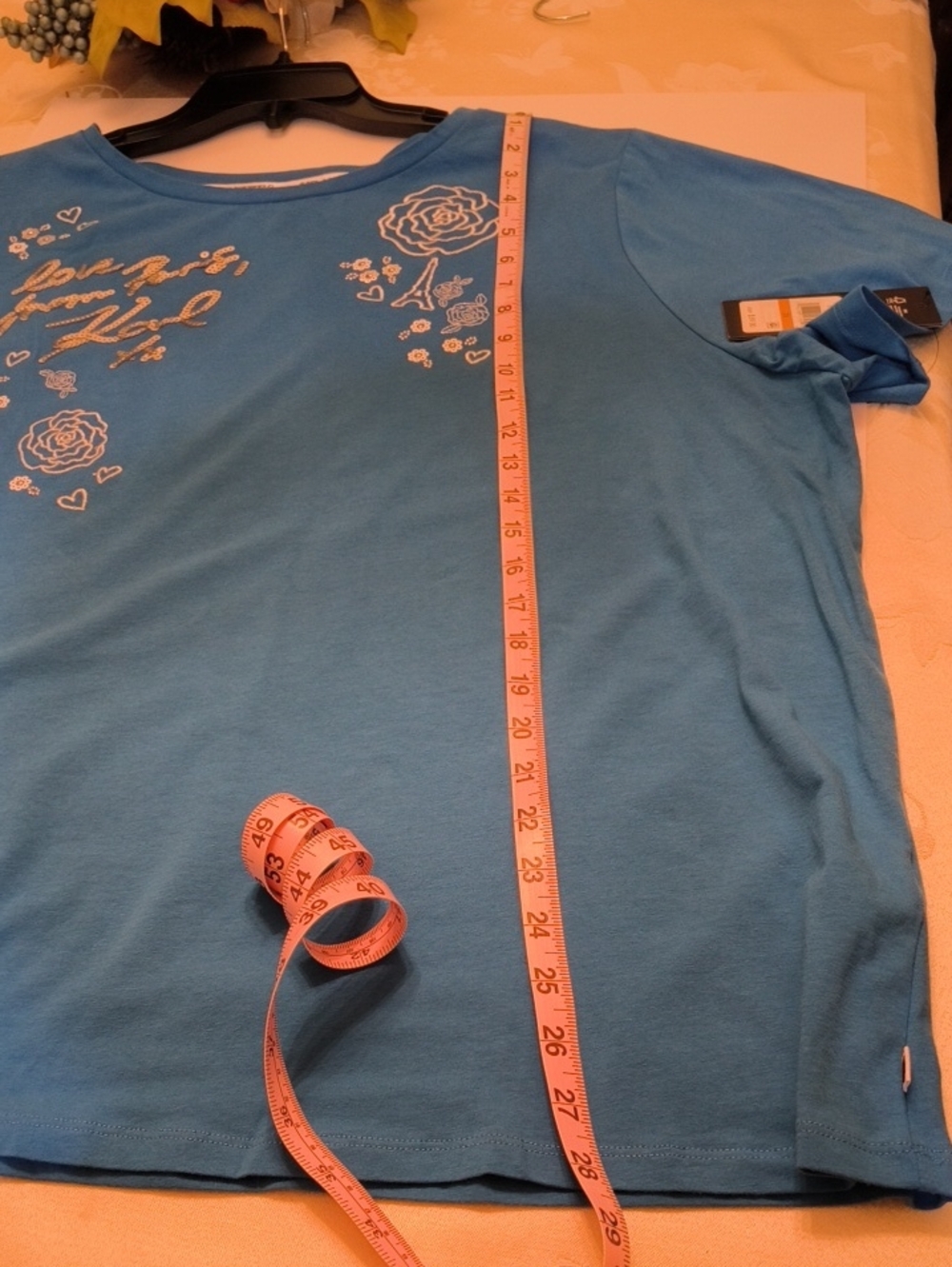 Karl Lagerfeld Turquoise Blue Rhinestone Script Tee - Picture 12 of 12